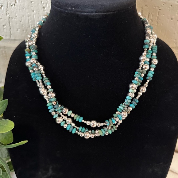 Jay King DTR Sterling Silver 3 Strand Turquoise and Silver Beaded Necklace - Picture 1 of 7